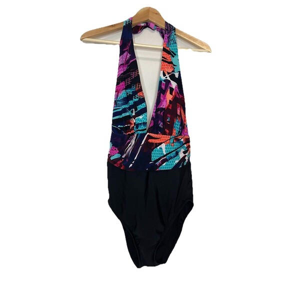 Aqua Green Women's Large 12/14 One Piece Swim Suit Halter Purple Black NWT - Picture 1 of 5